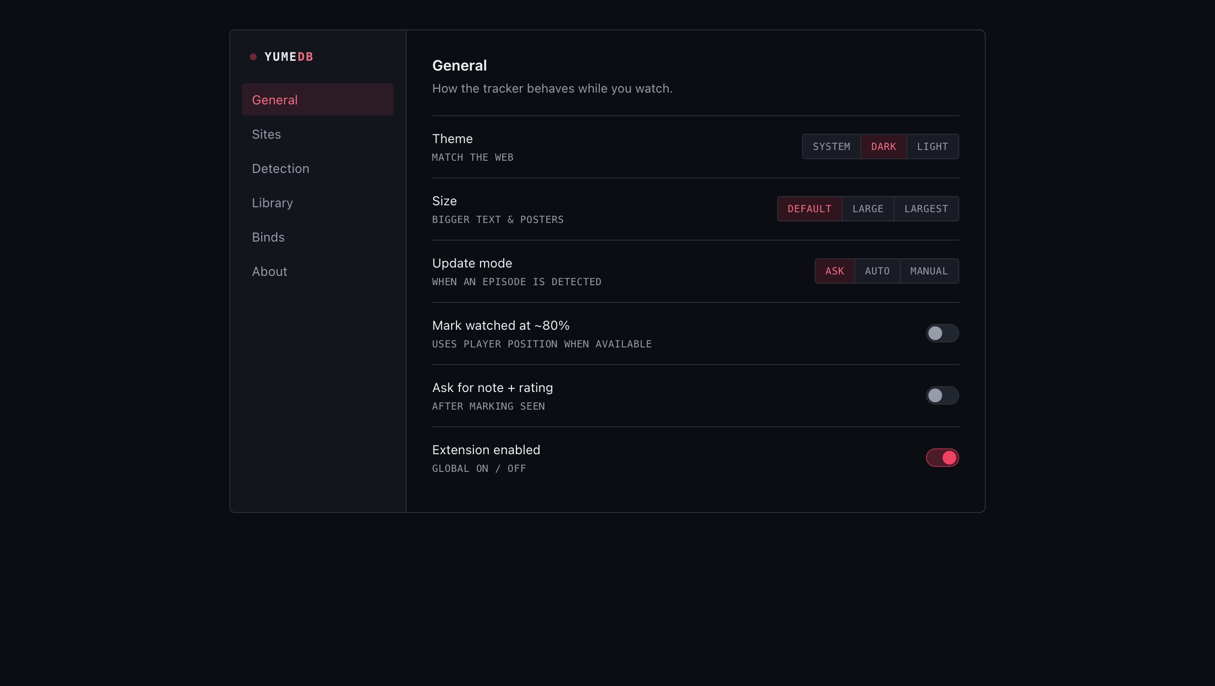 YumeDB Tracker settings page